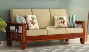 Home furniture Wooden 3 Seater Sofa Set for Living Room and Office (Beige Colour Cushion,Teak Finish) 3-Person Sofa Handicraft- Handmade