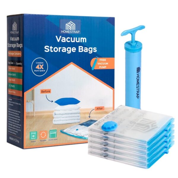 HomeStrap Vacuum Storage Bags with Pump Pack of 5 (Small)| Airtight and Reusable Space Saver Double Ziplock Compression Bags with Vacuum Pump|Creates 4x More Space for Clothes, Winterwear, Blankets
