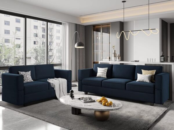 Homeify Skyler 5 Seater Fabric and Loveseat Set 2 Piece Furniture Sofa Set for Living Room (Premiim Velvet,Blue)