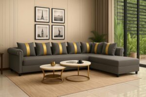 FURNY Premium Maxxon 6 Seater Fabric RHS L Shape Sofa Set for Living Room (Light Grey)