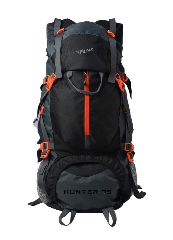 F Gear Hunter Black Grey Diamond 75L Rucksack with Shoe Compartment & Raincover | 1 Compartment & 2 Pockets | Water-Resistant Durable | Fits Upto 17 Inch Laptop | Ideal for Trekking, Hiking & Camping