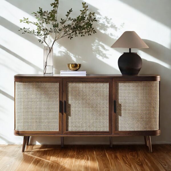 Quick Artsy Solid Curved Rattan 3-Door Sideboard | Walnut Finish Storage Cabinet for Living & Dining Room | W 150 x D 39 x H 77 cm Quick Artsy Solid Curved Rattan 3-Door Sideboard | Walnut Finish Storage Cabinet for Living & Dining Room | W 150 x D 39 x H 77 cm
