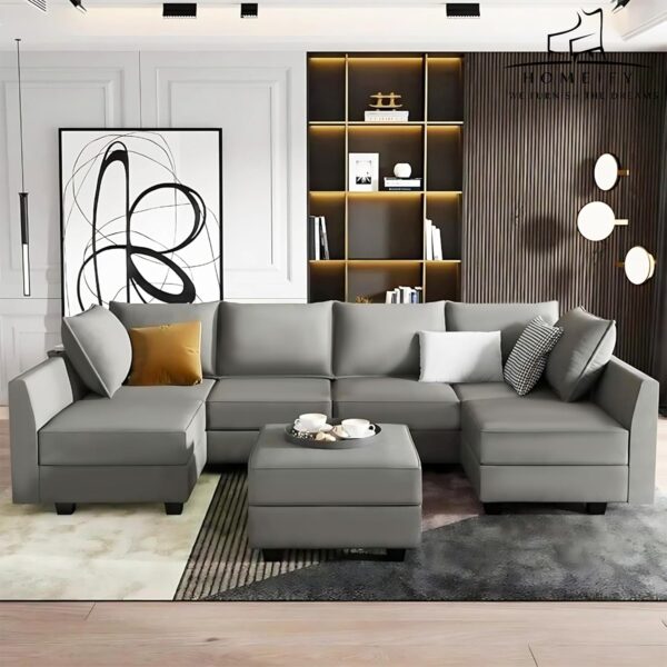Homeify Charles 6 Seater U Shaped Sectional Sofa Set with Ottoman for Living Room (U Shape,Light Grey)