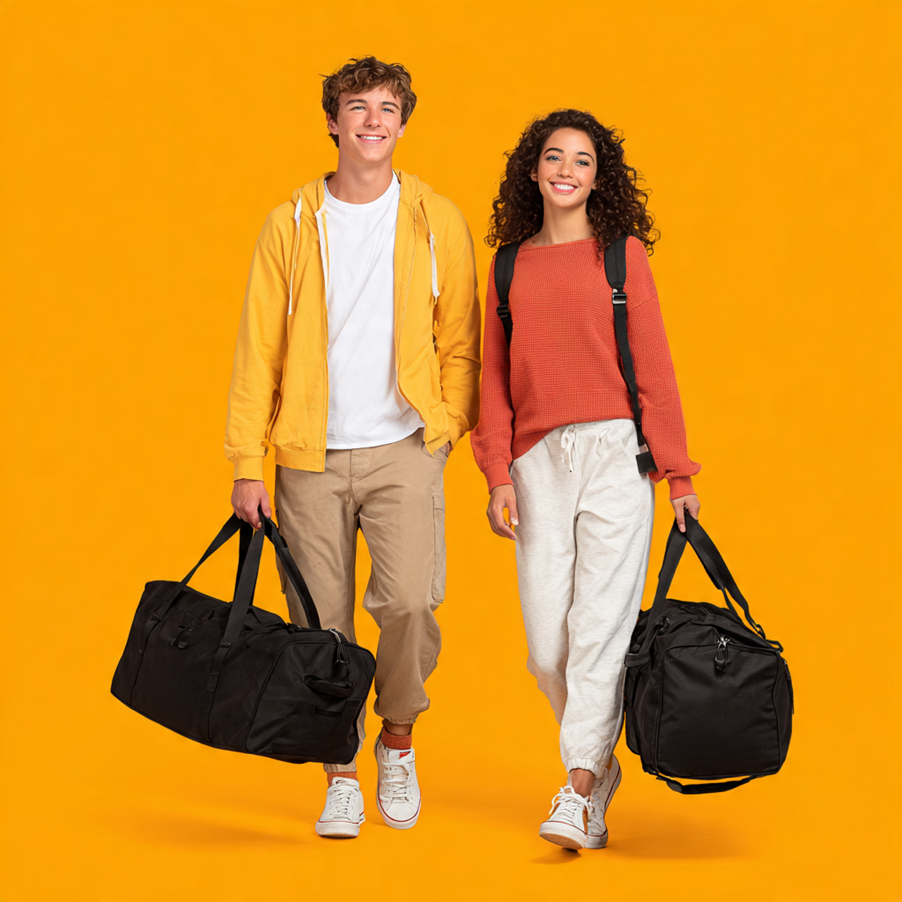 young_male_and_female_carrying_duffle Aristocrat Enigma 52 Cm Polyester Softsided Cabin Size Duffle Bag - Blue