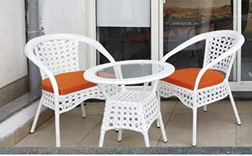 Lotey Rattan & Wicker Garden Patio Seating Chair and Table Set, Outdoor Balcony Garden Coffee Table Set Furniture (2+1) (White-D8 6 Wire)