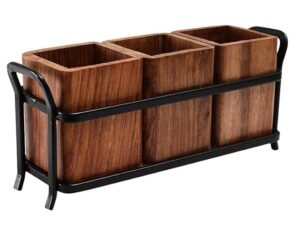 SALAAR SHOPPEE Wooden Cutlery Stand with Wrought Iron Frame & Knife Holder | Dining Table & Kitchen Organizer with 3 Wooden Jars for Home Office & Caf Iron cutlery holder (pack of 1) SALAAR SHOPPEE Wooden Cutlery Stand with Wrought Iron Frame & Knife Holder | Dining Table & Kitchen Organizer with 3 Wooden Jars for Home Office & Caf Iron cutlery holder (pack of 1)