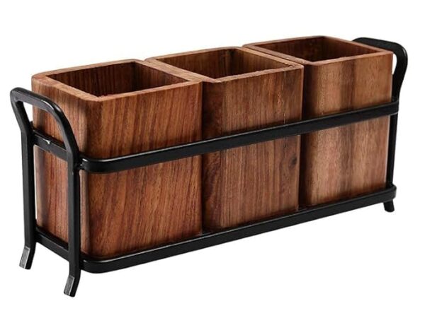 SALAAR SHOPPEE Wooden Cutlery Stand with Wrought Iron Frame & Knife Holder | Dining Table & Kitchen Organizer with 3 Wooden Jars for Home Office & Caf Iron cutlery holder (pack of 1)