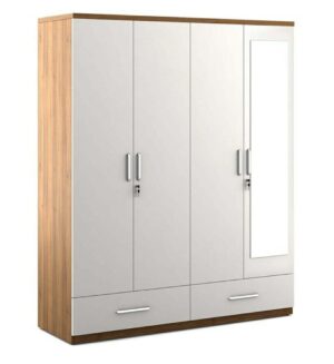 Hexagon Furnitures 4 Door Wardrobe White and Walnut/with Mirror and Drawer
