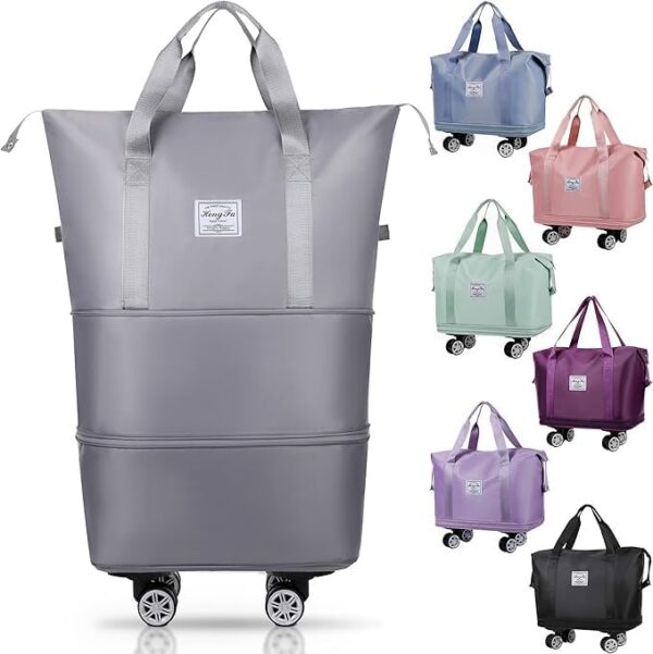 Whixant Foldable Travel Duffle Bag for Men Women, Portable Suitcase Bag with Removable Wheels, Large Storage Bag Luggage Organizers, Waterproof Carry-on Overnight Camping Rolling Duffel Bag