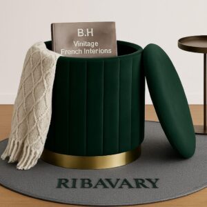 RIBAVARY Round Velvet Luxurious Storage Ottoman, Pouf with Storage Vanity Stool Chair,Upholstered Foot Rest Stool with Gold Strip Base for Living Room or Bedroom (Green, Medium- 36Dx36Wx40H) RIBAVARY Round Velvet Luxurious Storage Ottoman, Pouf with Storage Vanity Stool Chair,Upholstered Foot Rest Stool with Gold Strip Base for Living Room or Bedroom (Green, Medium- 36Dx36Wx40H)