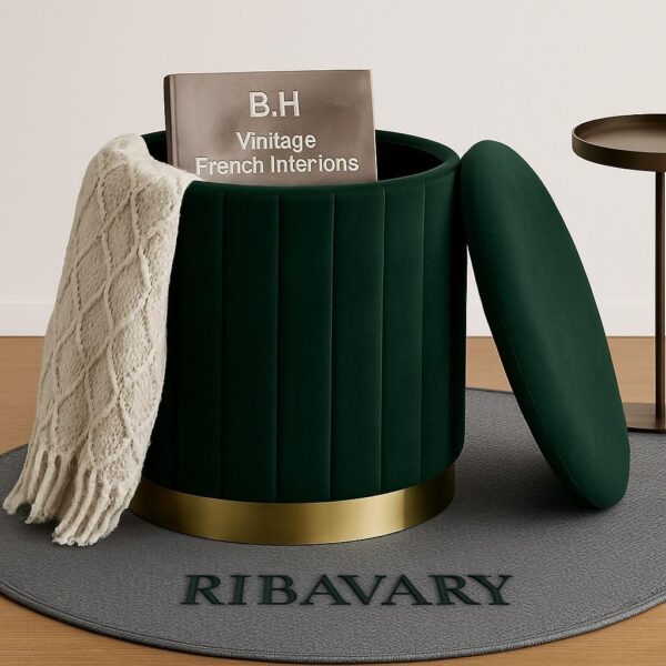 RIBAVARY Round Velvet Luxurious Storage Ottoman, Pouf with Storage Vanity Stool Chair,Upholstered Foot Rest Stool with Gold Strip Base for Living Room or Bedroom (Green, Medium- 36Dx36Wx40H)