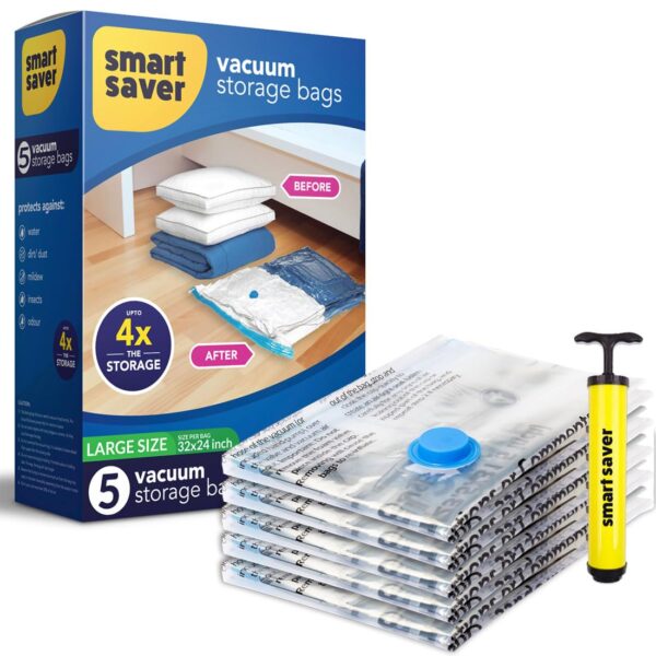 Smart Saver Pa,Pe Vacuum bags for clothes with pump for Clothes,Packing,Blankets,Space Saver Vaccum Compression Zipper Storage Bags With Hand Pump,5 Large Airtight Reusable Packing Bags,Transparent