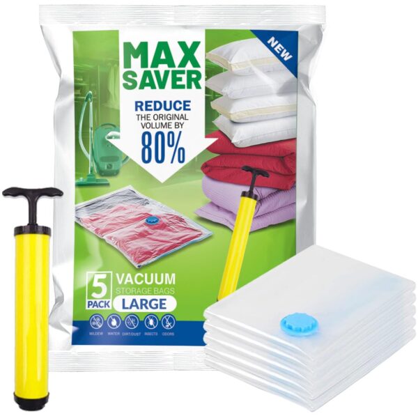 Max Saver Polyethylene 5 Large Vacuum Bags for Travel, Space Saver Bags Compression Storage Bags for Clothes, Bedding, Pillows, Blankets Storage Vacuum Sealer Bags for Clothes Storage, Transparent Max Saver Polyethylene 5 Large Vacuum Bags for Travel, Space Saver Bags Compression Storage Bags for Clothes, Bedding, Pillows, Blankets Storage Vacuum Sealer Bags for Clothes Storage, Transparent