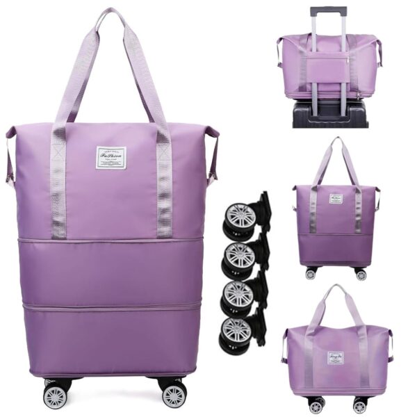 Wazdorf Duffle Bags for Travelling Foldable Travel Bag with Wheels | Expandable Trolley Luggage for Men & Women | Convertible Carry-On with Strap | Duffle Bags for Men 360 Wheels (Purple)