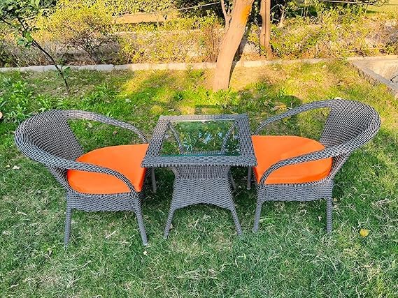 Outdoor Funiture MALHOTRA OFFICE SYSTEMS Designer Garden/Balcony/Terrace/Coffee/Poolside Patio Wicker Seating Chair and Table Set Outdoor Furniture (D-8 Black STR, 2 Chair 1 Table)(Orange)