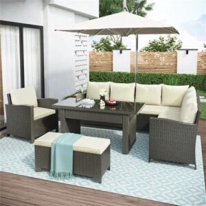 LOCCUS 5 Piece Patio Furniture Set All Weather Outdoor L-Shape Sofa, Rattan Dining Conversation Sectional with Table Ottomans in Black and Off-White Color for Porch Garden.