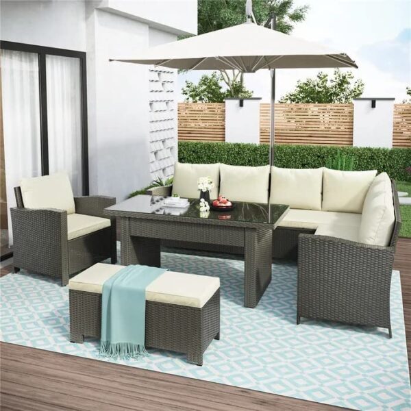 LOCCUS 5 Piece Patio Furniture Set All Weather Outdoor L-Shape Sofa, Rattan Dining Conversation Sectional with Table Ottomans in Black and Off-White Color for Porch Garden.