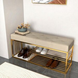 Skafa Metal End of Bed Bench-Upholstered Entry Shoe Storage with Nailhead Trim,Black Mental Frame Ottoman Bench for Bedroom Entry Window Mudroom Living Room (White) Skafa Metal End of Bed Bench-Upholstered Entry Shoe Storage with Nailhead Trim,Black Mental Frame Ottoman Bench for Bedroom Entry Window Mudroom Living Room (White)