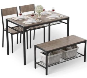 Priti Kitchen Table and 2 Chairs for 4 with Bench, 4 Piece Dining Table Set for Small Space, Apartment (Grey), Alloy Steel Priti Kitchen Table and 2 Chairs for 4 with Bench, 4 Piece Dining Table Set for Small Space, Apartment (Grey), Alloy Steel