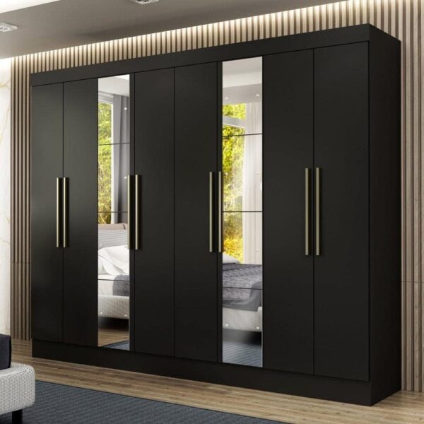 Furnilife Wardrobe 8 Doors 2 Drawers, Black Color, (WxHxD): 210x200x49 cm, Suitable for Bedroom, Laundry Room, Closet, Garage,