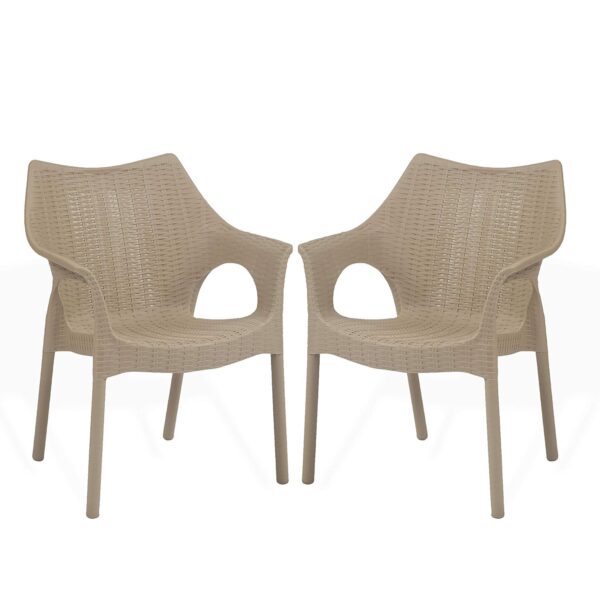 Binani Supreme Cambridge Plastic Chair with Rattan Finish| Durable/Weatherproof & Stackable Armchair| Comfortable Backrest Chair for Home/Garden/Balcony/Office & Outdoor Use (Dark Beige,Set of 2)