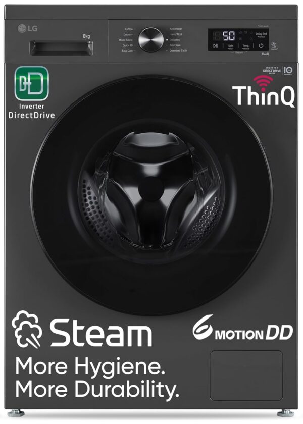 LG 8 Kg, 5 Star, Wi-Fi, Direct Drive Technology, Steam Wash, 6 Motion DD, Fully-Automatic Front Load Washing Machine (FHB1208Z4M, Allergy Care, In-Built Heater, Touch Panel, Middle Black) LG 8 Kg, 5 Star, Wi-Fi, Direct Drive Technology, Steam Wash, 6 Motion DD, Fully-Automatic Front Load Washing Machine (FHB1208Z4M, Allergy Care, In-Built Heater, Touch Panel, Middle Black)