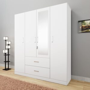 VIKI Wardrobe | Wooden Almirah for Clothes,Door for Bedroom, 4 Door Wardrobe with Drawer, Mirror & Hanging Space (Frosty White - 40D x 160W x 180H) | 1 Year Warranty | Free Assembly VIKI Wardrobe | Wooden Almirah for Clothes,Door for Bedroom, 4 Door Wardrobe with Drawer, Mirror & Hanging Space (Frosty White - 40D x 160W x 180H) | 1 Year Warranty | Free Assembly
