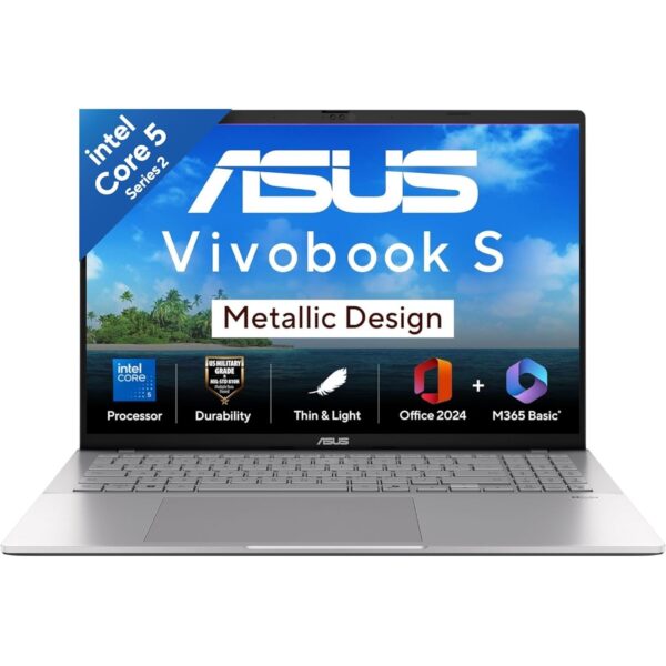 ASUS Vivobook S16,14th Gen, Intel Core 5-210H,Metallic Design Laptop(Intel UHD iGPU/16GB RAM/512GB SSD/FHD+/16"/144Hz/Windows 11/M365 Basic(1Year)*/Office Home 2024/Silver/1.7Kg) S3607VA-RP114WS