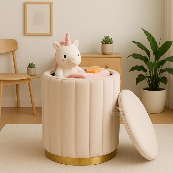 SEROFIK Velvet Storage Ottoman Pouffe  Round Upholstered Sitting Stool & Footrest | Multi-Purpose Puffy Mudda for Living Room, Bedroom, Office  Stylish Home Furniture & Dcor (Cream)