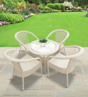 KYNE Balcony Chair Set - Outdoor Chairs with Table for Balcony, Garden Cafe Outdoor & Patio Furniture | Weatherproof, Comfortable & Stylish | Rattan/Wicker Design (Set of 4 Chairs + 1 Table, White)