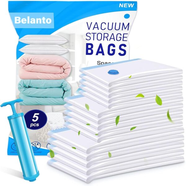 Belanto 5 Pack Vacuum Compression Storage Bags With Pump,Space Saver Vacuum Sealer Bag for Clothes,Blankets,Pillows,Bedding,Double-Zip Transparent Reusable Vacuum Bag for Travel Packing (2S+2M+1LSize)