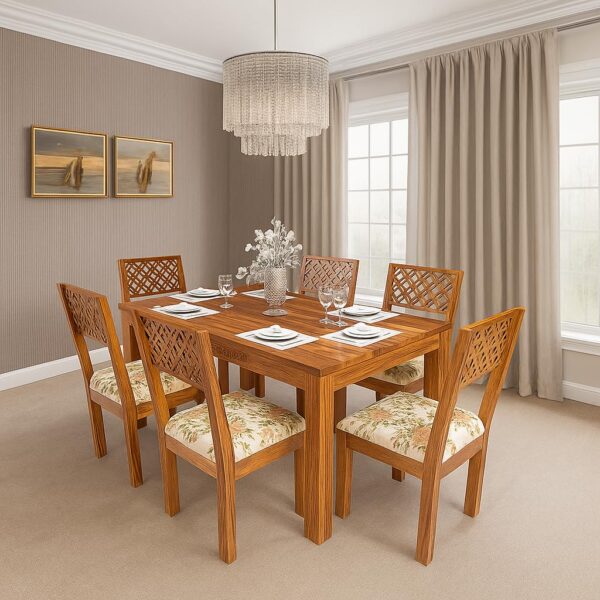HANDWOOD FURNITURE Sheesham Wood Dining Table(57x35) with 6 Chairs | 6 Seater Dining Set | Wooden Dining Table with Chair - Dining Room Furniture |Finish Color :- Honey Finish with Cushions