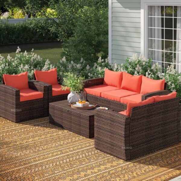 BRISHI Outdoor Sofa Set || Balcony Sofa || Patio Furniture Sets || Indoor Sofa|| Wicker Rattan Garden Sofa Set with Cushion and Center Table (7 Seater-Brown- Orange)