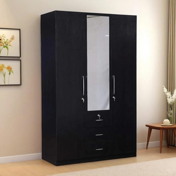 CASPIAN Engineered Wood 3 Door Wardrobe (Rainforest Dark) | Furniture with Mirror & 2 Hanging Spaces | Cupboard/Almirah for Bedroom Clothes Storage Organizer | with 4 Drawers & 8 Shelves