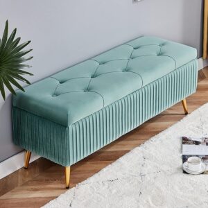 REEBON FURNITURE ART Tuffted Flip Top Storage Bench Storage Ottoman Bench livingroom with Gold Legs, Velvet Upholstered, (Sky Blue) REEBON FURNITURE ART Tuffted Flip Top Storage Bench Storage Ottoman Bench livingroom with Gold Legs, Velvet Upholstered, (Sky Blue)