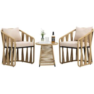 BRISHI 3 Piece Outdoor Patio Furniture Set | Two Seater Woven Rope Patio Chairs with Cushions & Glass Table | All Weather Garden Balcony Conversation Set for Porch, Lawn, Poolside, Backyard (Yellow)