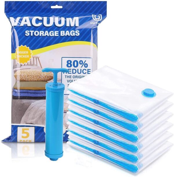 VISBY INDIA Plastic Vacuum Storage Bags for Clothes with Hand Pump 5-Pack Space Saver Bags for Travel & Home Self-Compression Organizer for Blankets, Comforters, Jackets & Sweaters, Transparent VISBY INDIA Plastic Vacuum Storage Bags for Clothes with Hand Pump 5-Pack Space Saver Bags for Travel & Home Self-Compression Organizer for Blankets, Comforters, Jackets & Sweaters, Transparent