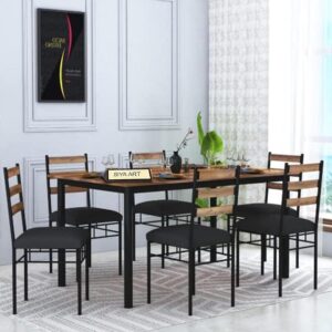 SIYA ART Wooden Top Iron Frame 6 Seater Dining Table with Cushioned Chair for Living Room Home Dining Room Furniture Set (Honey-Black) SIYA ART Wooden Top Iron Frame 6 Seater Dining Table with Cushioned Chair for Living Room Home Dining Room Furniture Set (Honey-Black)