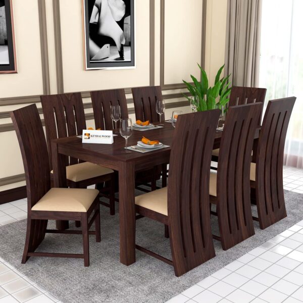 KENDALWOOD Furniture Solid (Sheesham) Wood Dining Table with 8 Chairs | 8 Seater Dining Set | Finish Color: - Walnut Finish with Cream Cushions