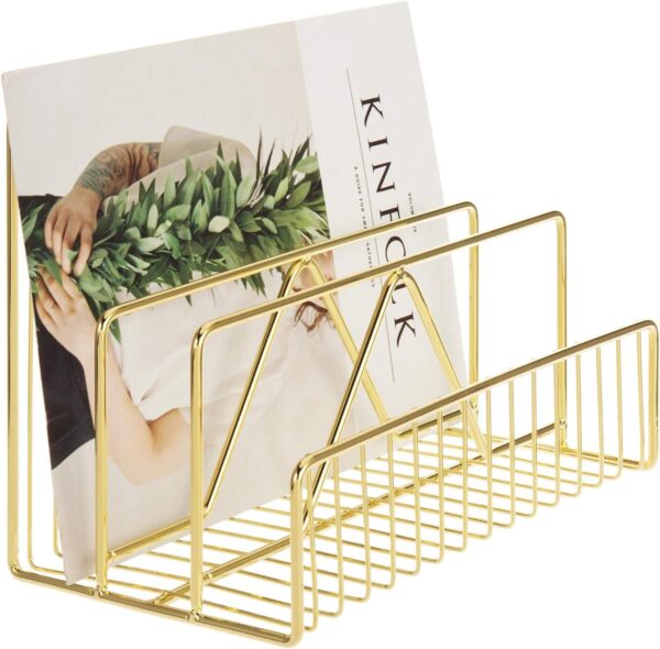 CentraLit File and Magazine Holder - Book Shelf Organiser Small book shelf for table Metal Letter Organiser with 3 Compartments, Desk Table Decor, Letter Document Sorter (Gold)