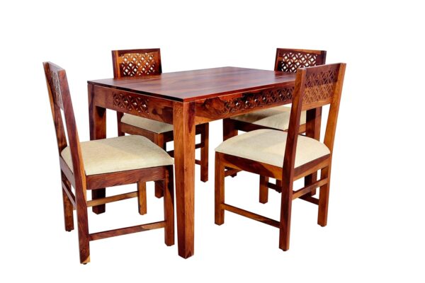 WOODY Furniture Dining Table 4 Seater with Chairs | Sheesham Wooden Four Seater Dinning Table with Cushioned Chairs for Restaurant | Dinner Table 4 Seater | Dining Room Set (Teak Finish)
