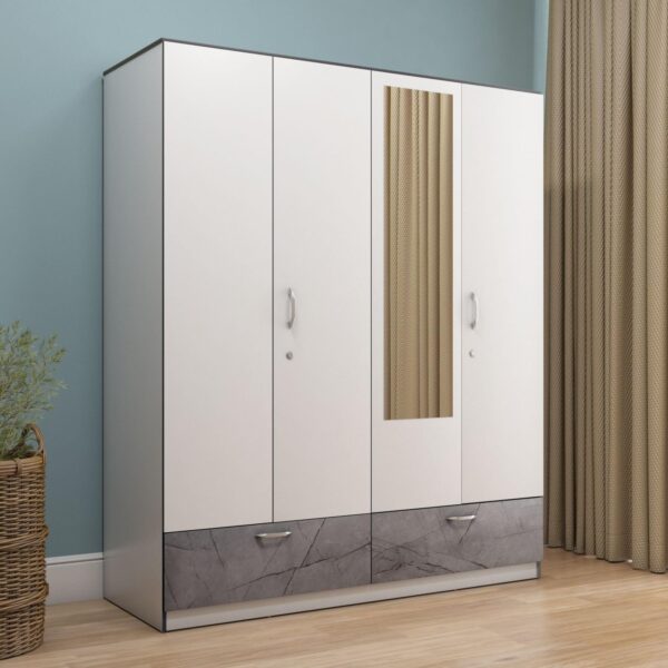 Nilkamal Marbito 4-Door Wooden Wardrobe with Mirror for Bedroom|Engineered Wood Build|Clothes Cupboard|2 Drawers with Marble Finish|Hanging Rod, A Lockable Drawer & 8 Shelves for Storage|Frosty White Nilkamal Marbito 4-Door Wooden Wardrobe with Mirror for Bedroom|Engineered Wood Build|Clothes Cupboard|2 Drawers with Marble Finish|Hanging Rod, A Lockable Drawer & 8 Shelves for Storage|Frosty White