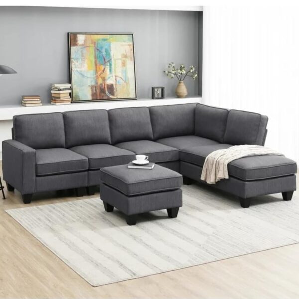 Cozyheaven Altena 7 Seater Fabric L-Shaped Sofa Set for Living Room (Dark Grey)