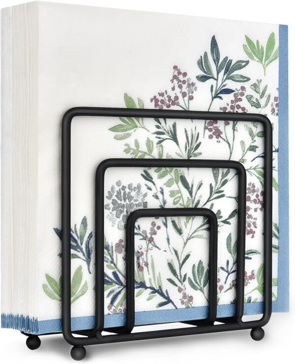 AKEEFI 3-Tier Metal Napkin Holder, Decorative Floral Design, Black Iron Frame Stand for Kitchen, Dining Table, Office