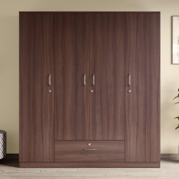 GODREJ INTERIO Wardrobe EWA 4-Door Engineered Wood Wardrobe for Clothes (Brown), 1-Year Warranty, 8 Shelves, 1 Drawer