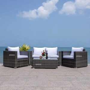BRISHI Outdoor Sofa Set || Patio Furniture Sets || Balcony Sofa || Indoor Sofa || Wicker Rattan Garden Sofa Set with Cushion and Center Table (4 Seater-Grey-White) BRISHI Outdoor Sofa Set || Patio Furniture Sets || Balcony Sofa || Indoor Sofa || Wicker Rattan Garden Sofa Set with Cushion and Center Table (4 Seater-Grey-White)