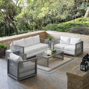 DRX Rattan & Wicker Outdoor Garden 6 Seater Patio Sofa Set with 2 Side Table and 1 Center Table 3+2+1 Conversation Sofa Set with Table for Balcony (Grey and White) DRX Rattan & Wicker Outdoor Garden 6 Seater Patio Sofa Set with 2 Side Table and 1 Center Table 3+2+1 Conversation Sofa Set with Table for Balcony (Grey and White)