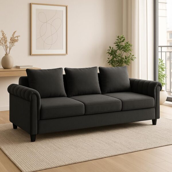 FURNY Premium Marina 3 Seater Fabric Sofa Set for Living Room (Dark Grey Color)