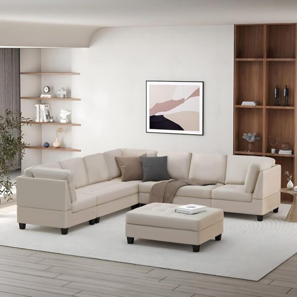 Cozyheaven Assel 6 Seater L-Shape Fabric Sofa Set for Living Room (Beige)