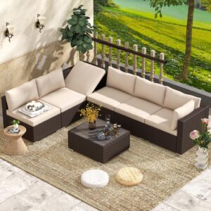 DEVOKO Outdoor 3 Piece Sectional Wicker Patio Recliner Sofa Furniture All-Weather HDPE Rattan Conversation Set with Table for Garden, Poolside (Dark Brown and Cream) DEVOKO Outdoor 3 Piece Sectional Wicker Patio Recliner Sofa Furniture All-Weather HDPE Rattan Conversation Set with Table for Garden, Poolside (Dark Brown and Cream)